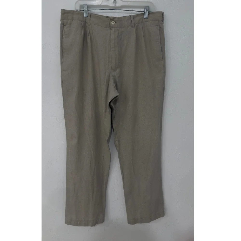Alan Flusser Mens Tan Linen Blend Pleated Dress Pants Trousers 36x34